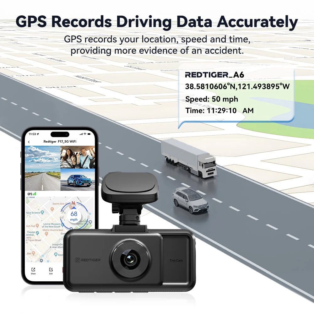 Redtiger A6 4K 3-Channel Dash Cam 5.8Ghz Wifi Voice Control Dash Cam - Image 12